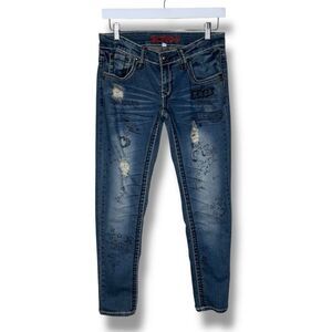 Vintage Bongo Distressed Graffiti Skinny Low Rise Blue Jeans Stud Pocket Women 5